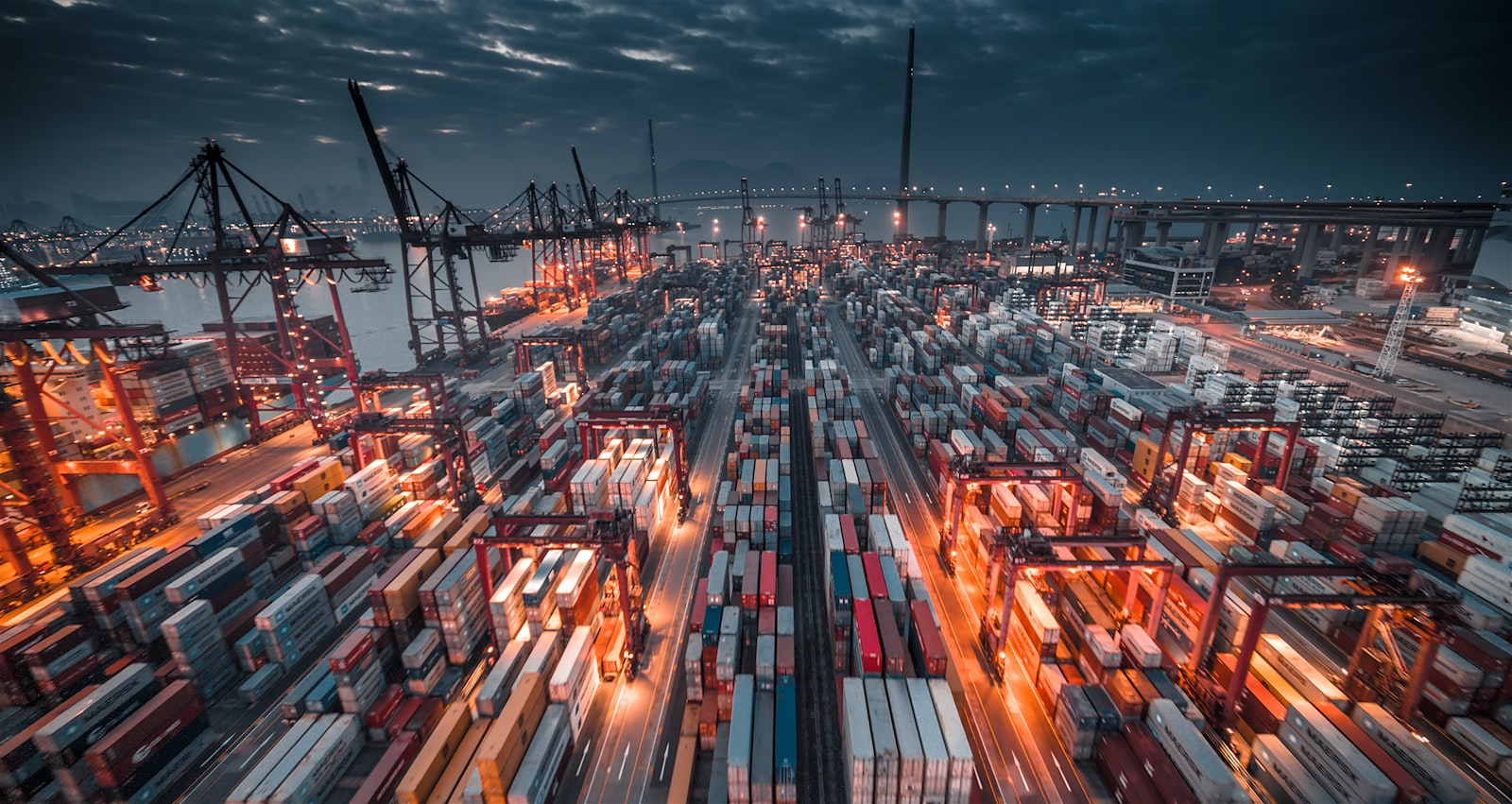 Container port at dusk